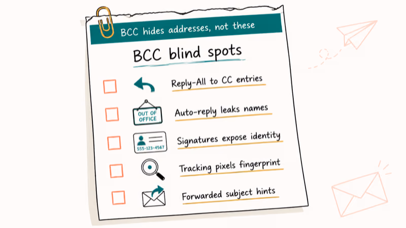 Hand-drawn checklist of five BCC privacy blind spots including reply-all, auto-reply, and tracking pixels