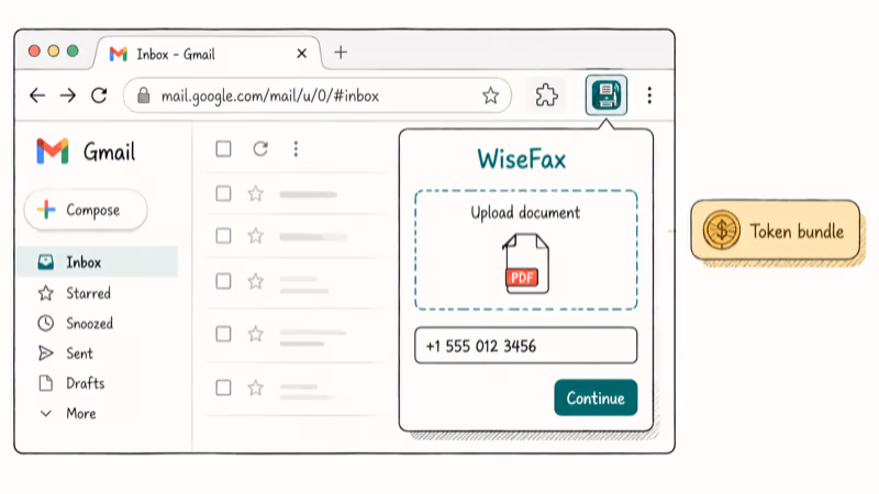 Hand-drawn WiseFax Chrome extension popup showing PDF upload box phone number input and continue button