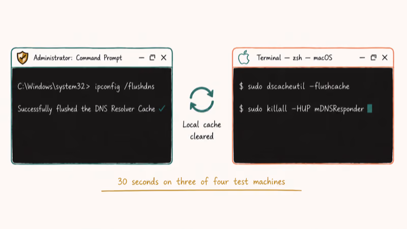 Windows ipconfig flushdns and macOS Terminal dscacheutil commands clearing DNS cache