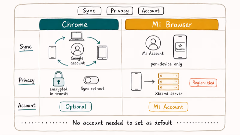 Hand-drawn comparison of Chrome and Mi Browser sync privacy and account trade-offs