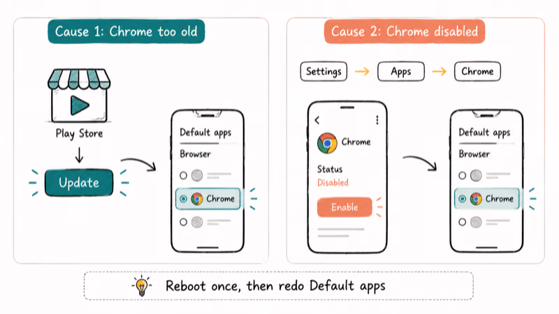 Hand-drawn diagram of two fixes for Chrome missing from Xiaomi default apps menu