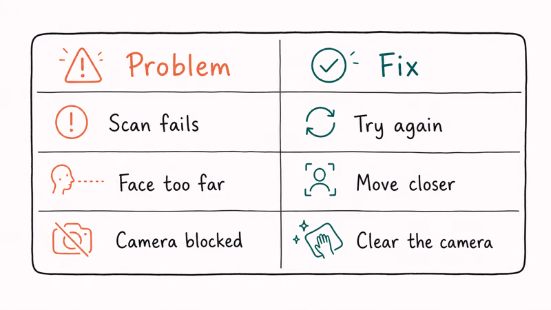 Two-column table pairing Face ID enrollment problems with their matching fixes