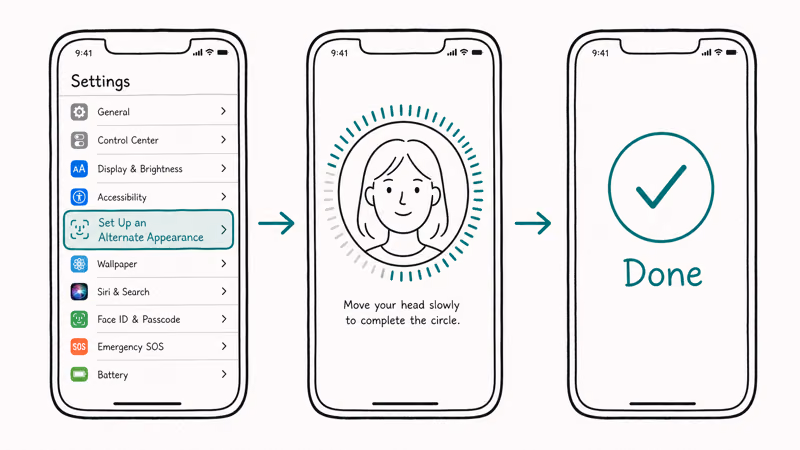 Three iPhone screens showing Face ID alternate appearance enrollment steps in order