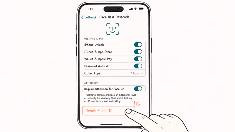 iPhone Face ID settings screen with the reset Face ID button highlighted in coral