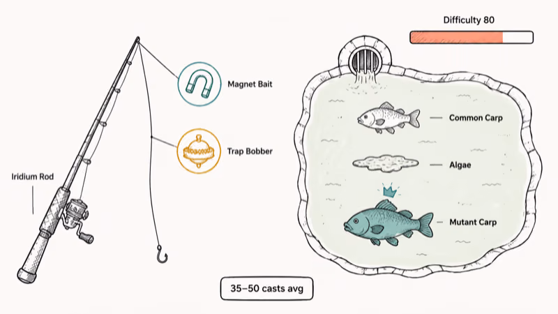Iridium rod with magnet bait and trap bobber alongside sewer pool showing Mutant Carp legendary