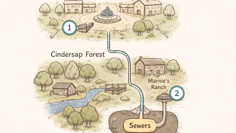 Top-down map showing Pelican Town manhole and Cindersap Forest grate both leading down to the