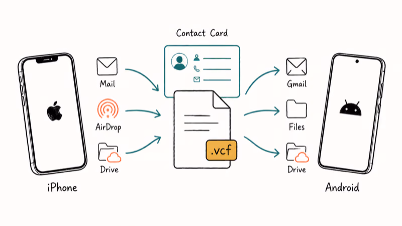 Universal vCard file moving between iPhone and Android through email AirDrop and cloud drive channels