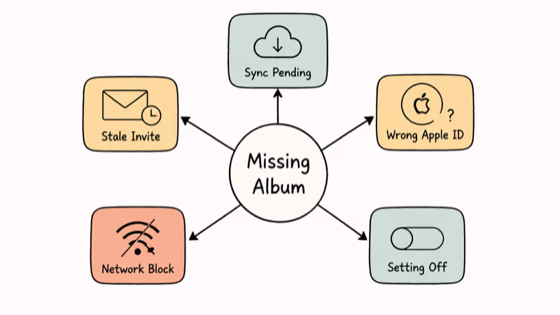 Hand-drawn radial diagram showing five common causes a Shared Album fails to appear on iPhone.