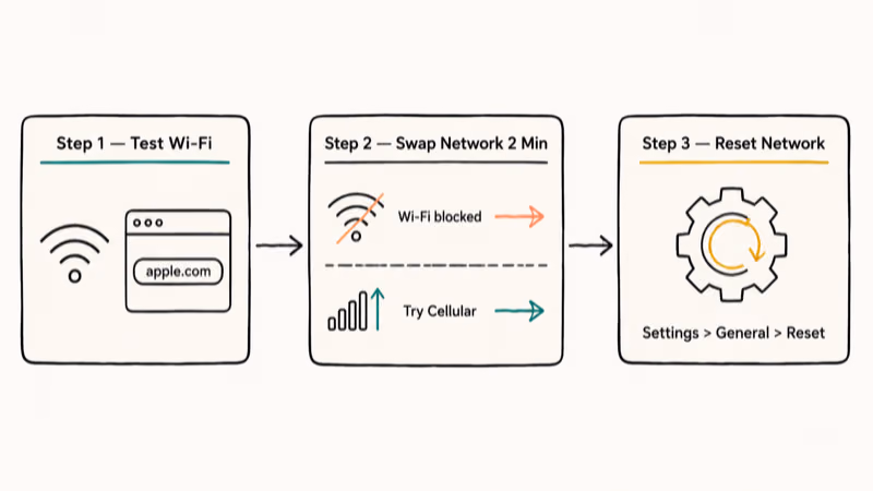 Hand-drawn three-step network troubleshooting flowchart from Wi-Fi check to cellular swap to network reset.