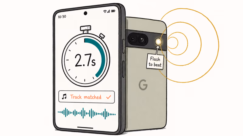 Android phone displaying 2.7 second song match while flashlight pulses to the beat behind it.