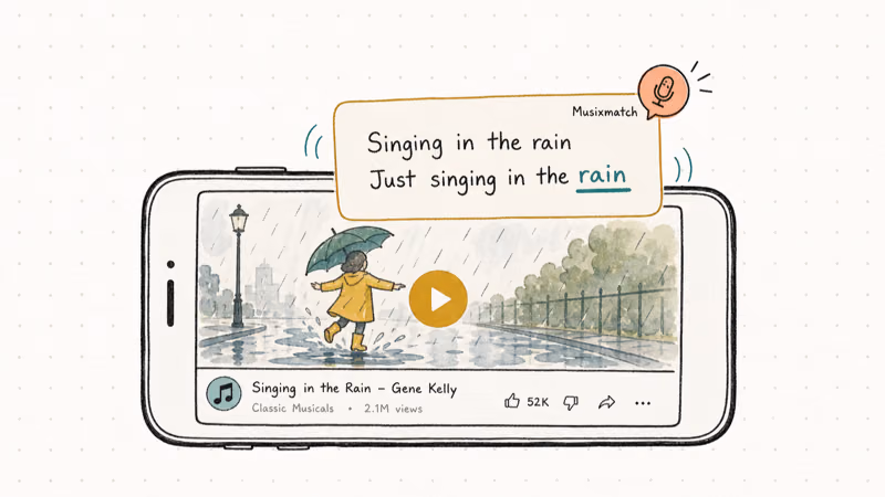 Smartphone playing music video with Musixmatch synced lyrics card floating above the active screen.