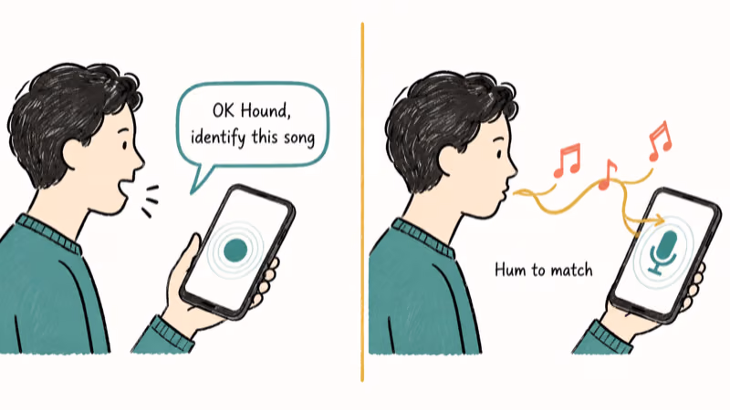 Split scene showing person voicing OK Hound command and humming melody notes into smartphone microphone.