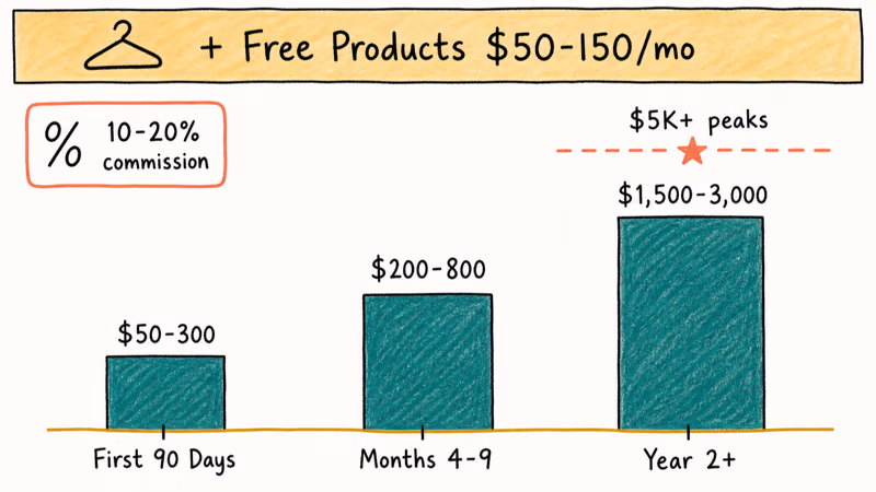 Ascending bar chart showing three SHEIN Ambassador earnings tiers plus monthly free-product credit value
