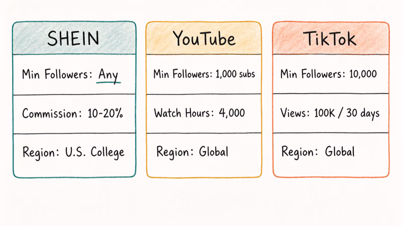 Three-column card comparing SHEIN Ambassador YouTube and TikTok creator program entry barriers and commission