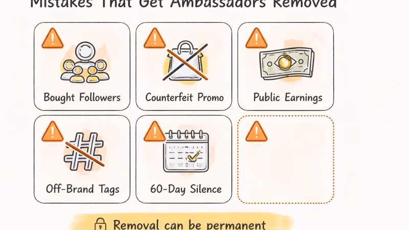 Warning grid showing five behaviors that cause SHEIN Ambassador removal including bought followers and silence