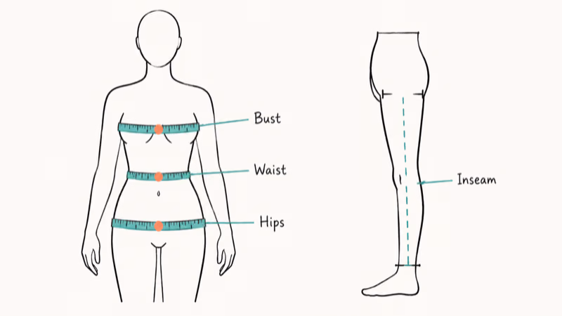 Hand-drawn diagram showing tape measure positions for bust, waist, hips, and inseam measurements.