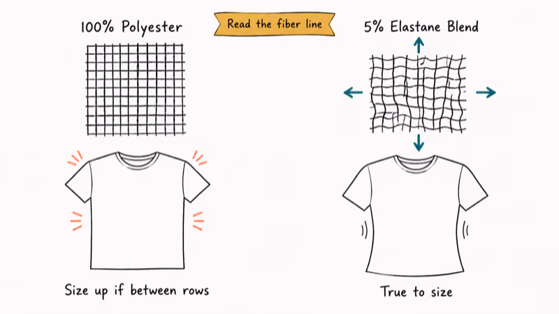 Comparison of non-stretch polyester and elastane blend fabrics with matching t-shirt fit illustrations.