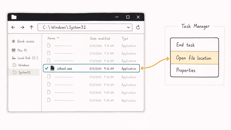 Hand drawn File Explorer showing genuine sihost executable inside Windows System32 folder verified by checkmark.