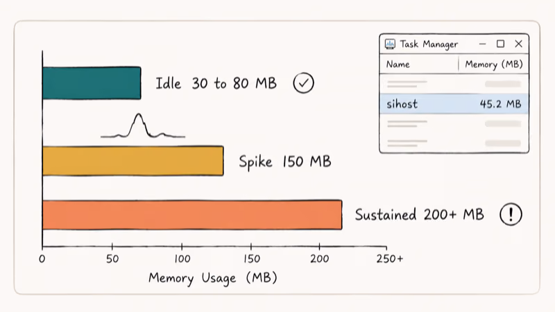 Hand drawn chart comparing healthy idle memory band against elevated sustained Shell Infrastructure Host usage.