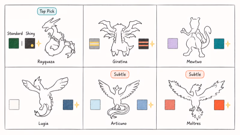 Grid comparing standard and shiny recolors of six legendary Pokémon with subtlety tags
