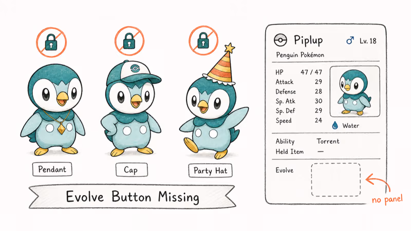 Three costumed Piplup variants shown with locked evolve badges and missing evolve panel callout