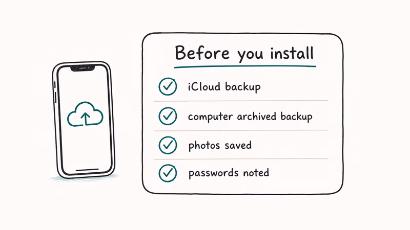 Checklist card showing iPhone backup steps to complete before installing iOS 27 beta