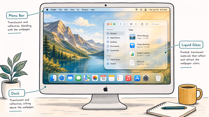 macOS Tahoe Liquid Glass translucent Dock and menu bar reflecting colors behind windows