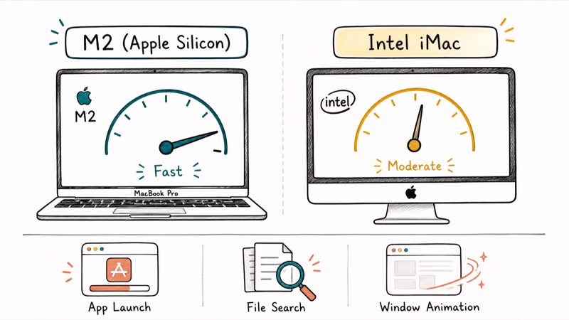 macOS Tahoe performance compared across Apple Silicon M2 chip and older Intel Mac