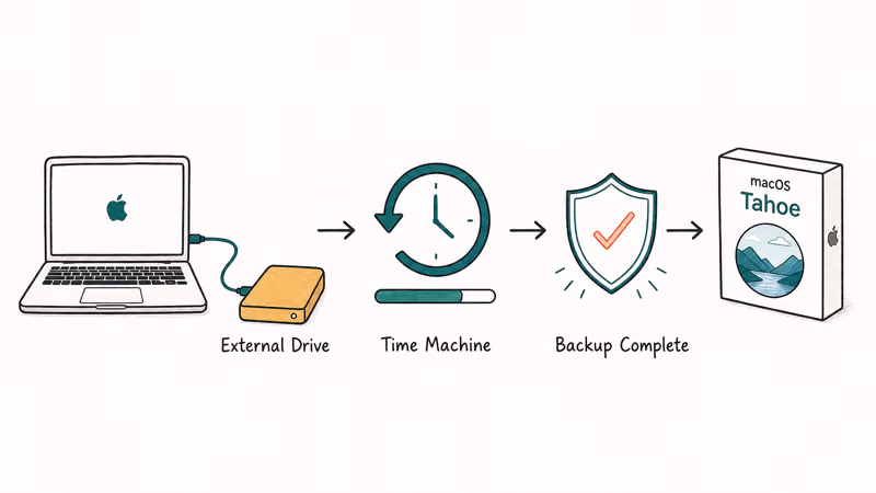 Time Machine backup workflow connecting external drive before installing the macOS Tahoe update