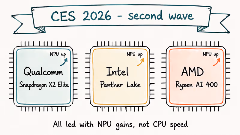 Three CES 2026 laptop chip families compared by vendor and bigger NPU gains