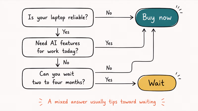 Three-question decision flow leading to a buy now or wait verdict