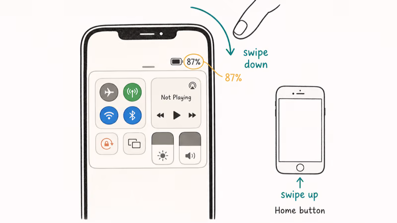 Hand-drawn iPhone showing Control Center swipe gesture revealing battery percentage next to icon.