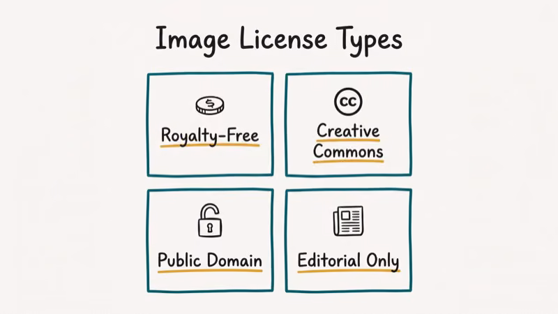 Hand-drawn four-card grid comparing royalty-free creative commons public domain and editorial image license types.