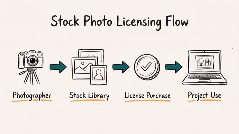 Hand-drawn four-step workflow showing stock photo licensing from photographer through library to licensed project use.