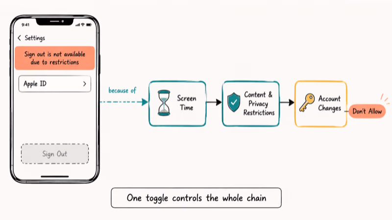 Hand-drawn diagram showing how Screen Time Account Changes toggle disables the Sign Out button on iPhone