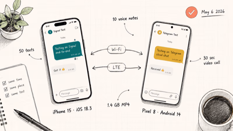 iPhone fifteen and Pixel eight side by side running messaging app delivery test workbench.