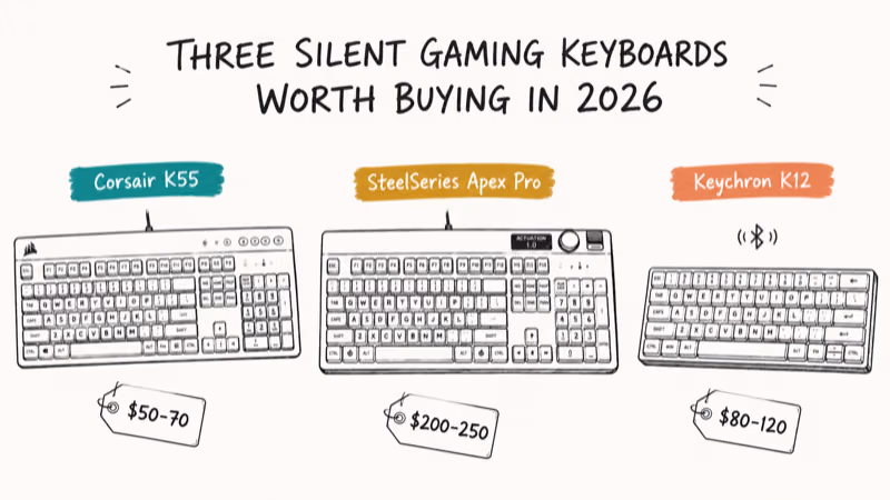 Three silent gaming keyboards in a row showing Corsair K55, SteelSeries Apex Pro, Keychron K12 with prices
