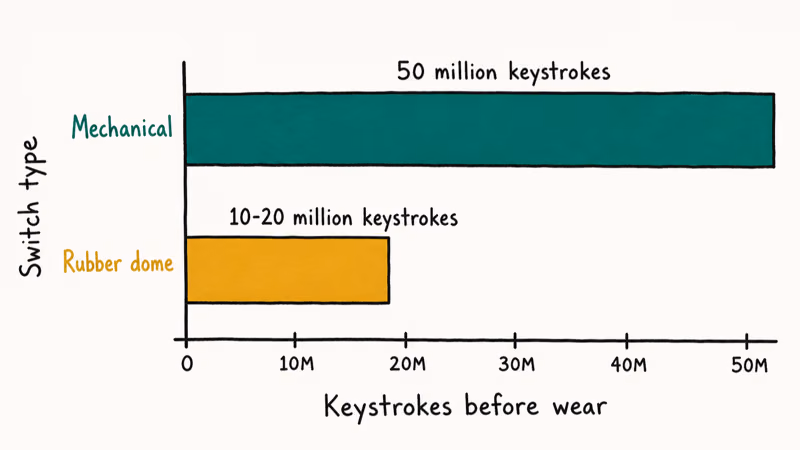 Bar chart comparing mechanical fifty million keystroke lifespan against rubber dome ten to twenty million