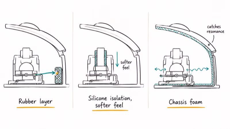Hand-drawn cutaway showing three silent switch dampening methods rubber layer silicone coating and chassis foam.