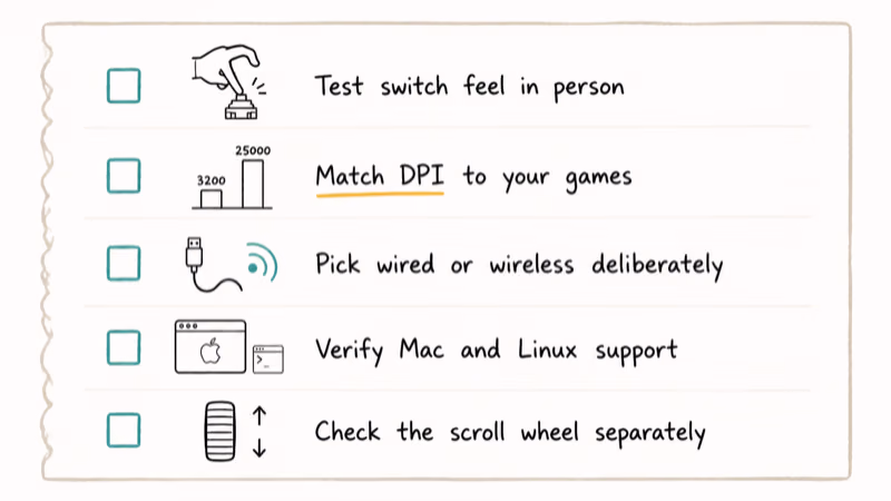 Hand-drawn shopping checklist for silent gaming mice covering switch feel DPI connection and platform support.