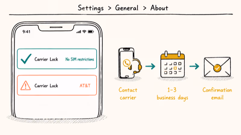 iPhone Settings screen mockup comparing unlocked and carrier-locked status with a three-step resolution path.