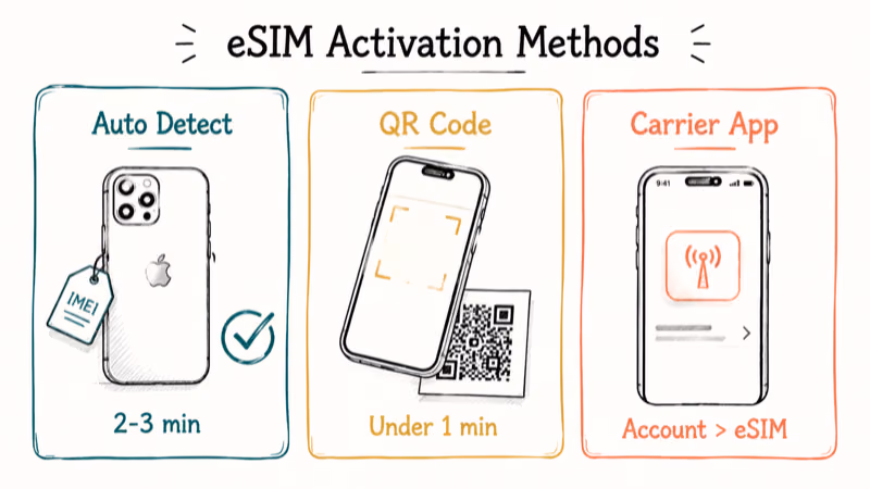 Three side-by-side panels comparing automatic detection, QR code, and carrier app eSIM activation methods.