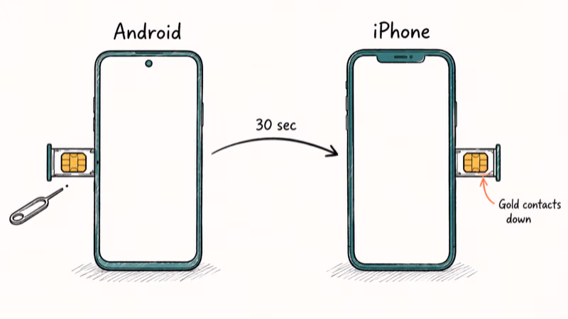 Hand-drawn diagram showing nano SIM moving from Android left-edge tray to iPhone right-edge tray.
