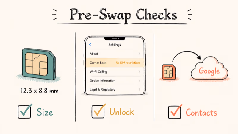 Three-column checklist showing SIM size, iPhone unlock status, and contacts location verification before swapping.