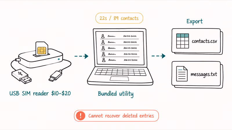 USB SIM reader exporting chip contents to CSV and text files on a laptop