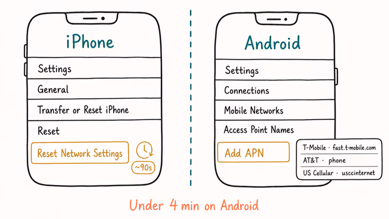 iPhone network reset and Android APN rebuild paths shown side by side