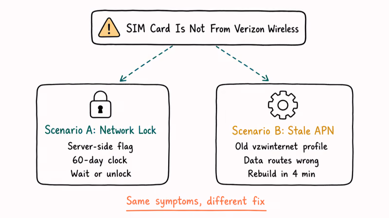 Branching diagram showing Verizon SIM error split into network lock and stale APN