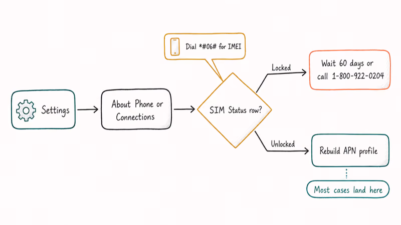 Flowchart showing how to check SIM status and branch toward unlock or APN rebuild paths