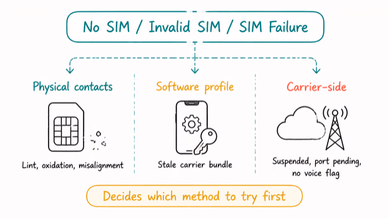 Three column diagnostic map of physical, software, and carrier root causes for iPhone SIM failure