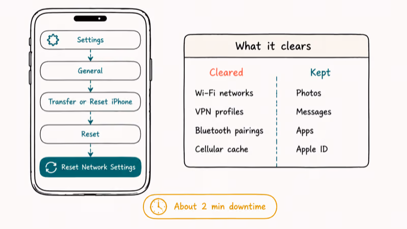 iPhone Settings breadcrumb to Reset Network Settings with a card showing what is cleared and kept